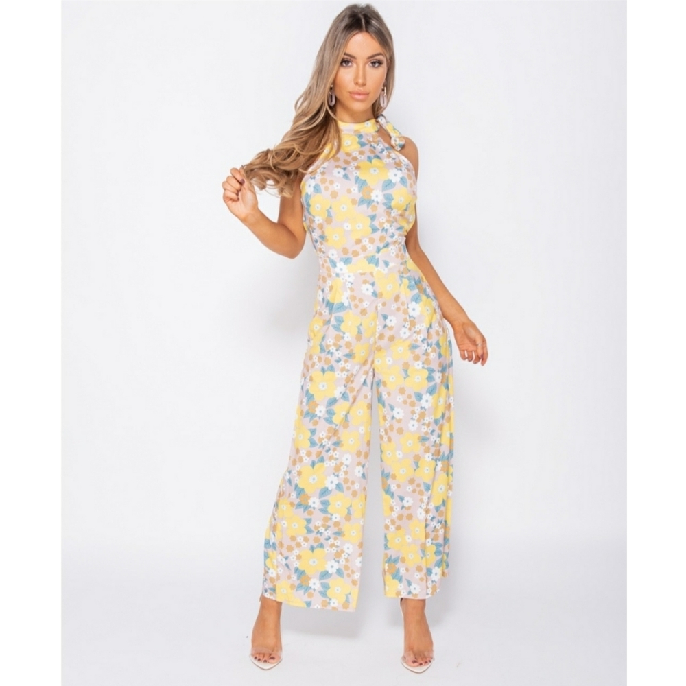 Floral Print Tie Neck Sleeveless Jumpsuit - Picture 1 of 9